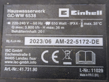 POMPA WODY HYDROFOR EINHELL GC-WW 6538 20L 650W 3800 l/h
