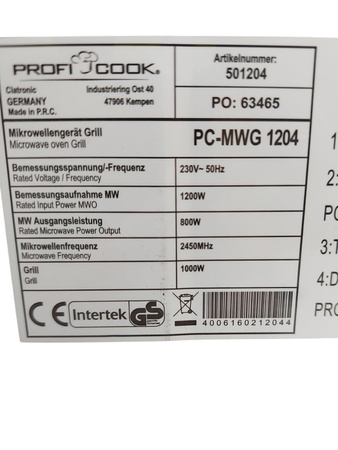 Kuchenka mikrofalowa z grillem ProfiCook PC-MWG 1204 800 W 23 litry