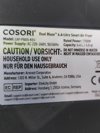 FRYTKOWNICA BEZTŁUSZCZOWA AIRFRYER COSORI CAF-P583S-KEUR CZARNA 6,4L 1700 W