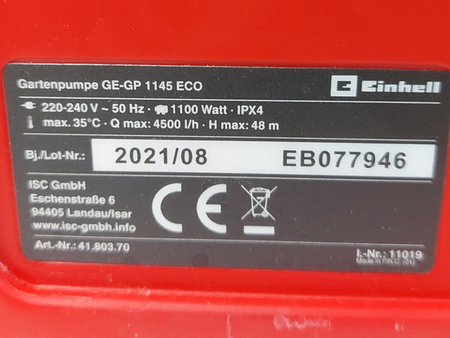 Pompa ogrodowa Einhell GE-GP 1145 ECO 1100 W 4500 l/h 48 m