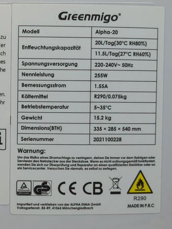 OSUSZACZ POWIETRZA GREENMIGO ALPHA20 20l/24h 255W