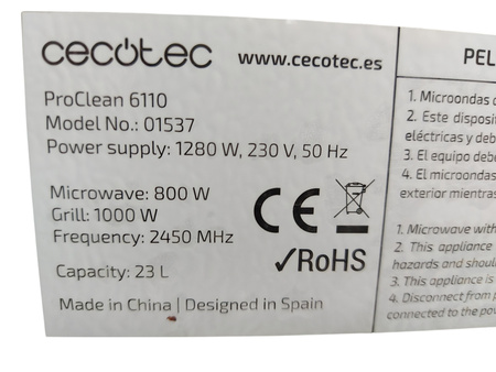 Kuchenka mikrofalowa wolnostojąca Cecotec ProClean 6110 1000W 23l