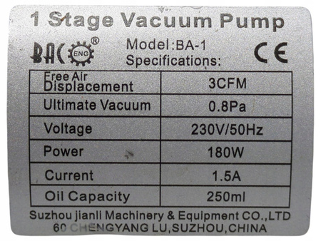 Jednostopniowa pompa próżniowa Bacoeng BA-1 180W 230V