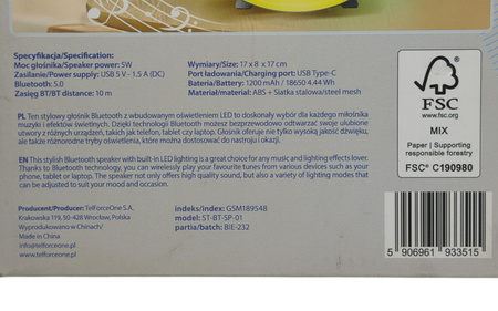 Głośnik Bluetooth 5.0 10m LED 5W AUX SETTY ST-BT-SP-01