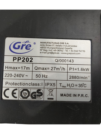 Pompa basenowa GRE PP202 1600W 27 m3/h do basenu 170 m3