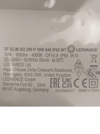 Lampa LED Plafon Surface Slim SQ 200 10W 840 1050lm IP65 4000K Ledvance
