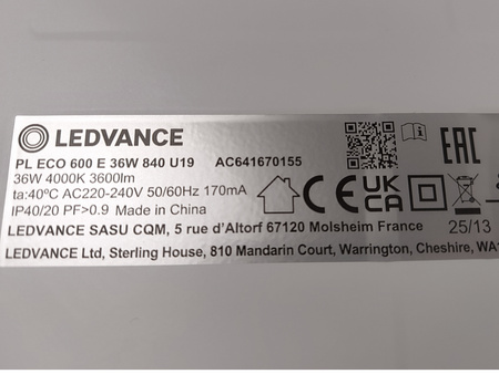Lampa LED Plafon PL ECO 600E 36W 840 3600lm U19 Ledvance
