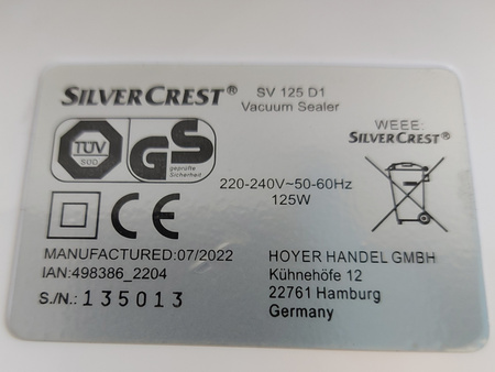 Zgrzewarka próżniowa pakowarka do żywności SILVERCREST SV 125 D1