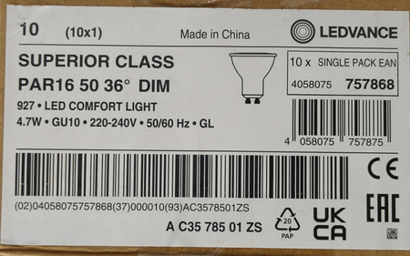 Zestaw 10 żarówek LED LEDVANCE SUPERIOR CLASS PAR16 50 36 DIM GU10 4,7W