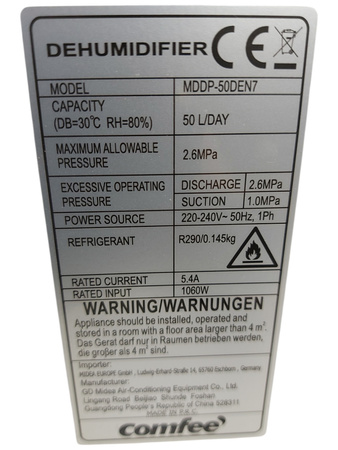 OSUSZACZ POWIETRZA COMFEE MDDP-50DEN7 50L/24h 6L POJEMNIK 775W