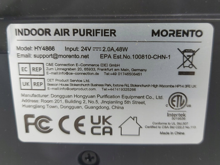Oczyszczacz powietrza MORENTO HY4866 HEPA 48W cichy 300 m³/h