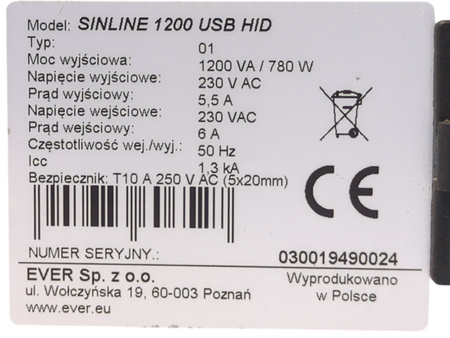 Zasilacz awaryjny UPS Ever SINLINE 1200 USB (1200VA/780W, 4xPL, USB, AVR)