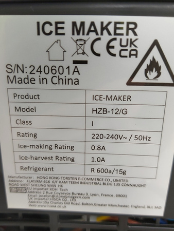 Kostkarka do lodu HZB-12/G 120W 1,3L 12kg/24h automatyczna 2 rozmiary