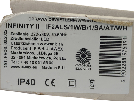 Oprawa awaryjna INFINITY II AL LED 1W 1h dwuzadaniowa AT biała IP40