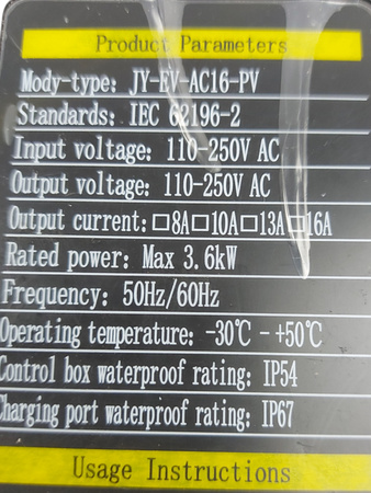 Kabel do ładowania samochodu elektrycznego EVJUICION JY-EV-AC16-PV