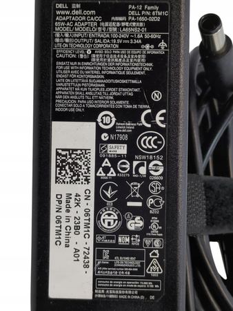 Oryginalny zasilacz do laptopa Dell LA65NS2-01 65W 19.5V 3.34A