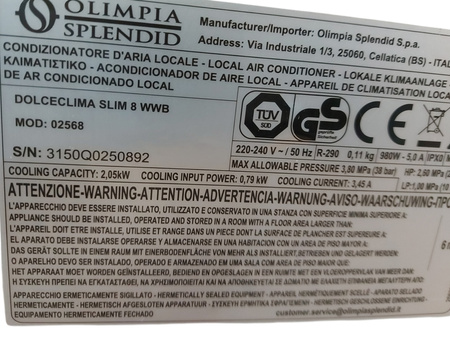 PRZENOŚNY KLIMATYZATOR OLIMPIA SPLEND Dolceclima Slim 8 WWB 8000 BTU/h