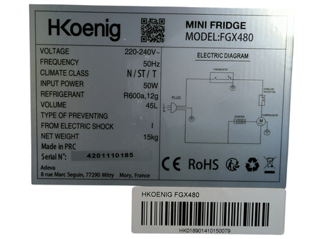 Mini lodówka H.Koenig FGX480 45 l komora zamrażarki 50 W biała