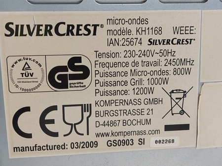 MIKROFALA KUCHENKA MIKROFALOWA SILVERCREST KH1168 1200W GRILL