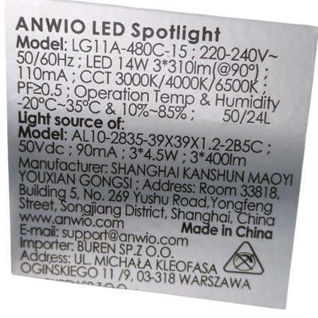 Spotlight LED ANWIO LG11A-480C-15 18W barwa zimna 230V sufitowy