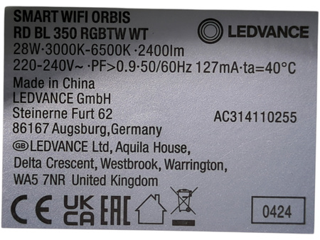 Lampa sufitowa LED Ledvance SMART+ WiFi ORBIS Backlight 28W RGB 35 cm