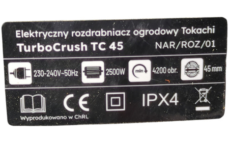 Elektryczny rozdrabniacz ogrodowy Tokachi TurboCrush TC 45 2500W