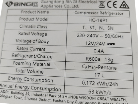 BINGI HC-18P1 przenośna lodówka samochodowa 18 L kemping samochód do -18*C