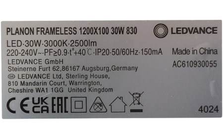 Panel LED sufitowy Ledvance PLANON Frameless 120x10cm 30W 2500lm 3000K