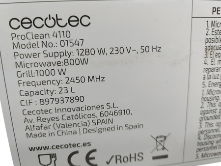 Kuchenka mikrofalowa Cecotec ProClean 4110 23l 700W grill Ready2Clean