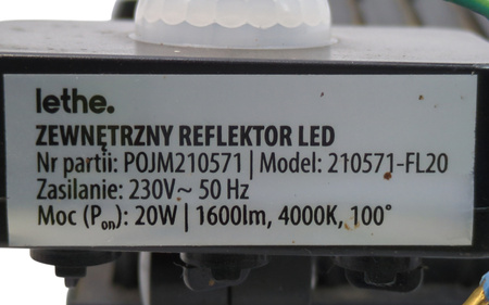 Zewnętrzny reflektor LED z czujnkiem ruchu LETHE 210571-FL20 1600 lm