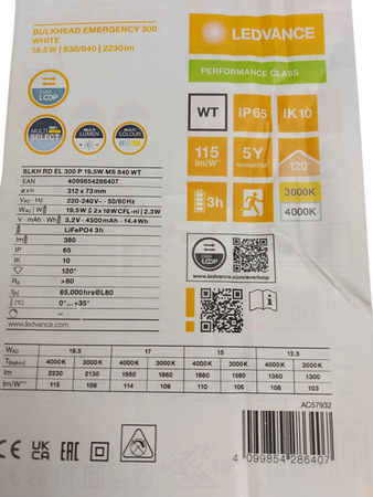 Lampa Sufitowa Plafon Bulkhead Emergency 300 19.5W MS 840 WT Ledvance