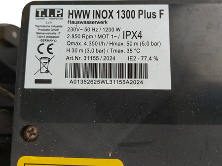 Hydrofor T.I.P. HWW INOX 1300 Plus F 1200 W 22 l 4350 l/h 50 m
