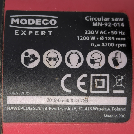 PIŁA ELEKTRYCZNA STOŁOWA RĘCZNA MODECO EXPERT MN-92-014 1200W 185mm