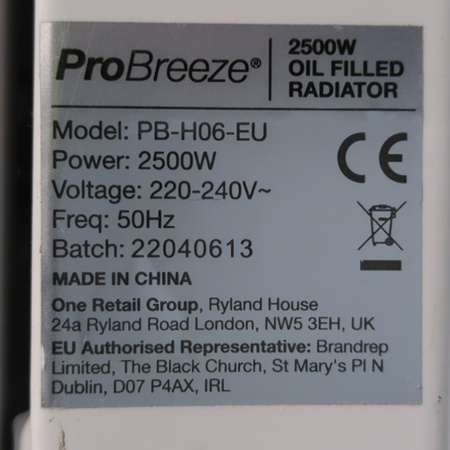 GRZEJNIK ELEKTRYCZNY OLEJOWY PROBREEZE Z DOTYKOWYM PANELEM PB-H06-EU 2500W