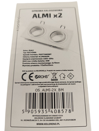 OPRAWA PODWÓJNA HALOGENOWA RUCHOMA ALUMINIUM KOLORENO ALMI X2 35W BIAŁA