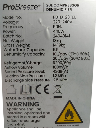 Osuszacz Pro Breeze 20l biały PB-D-23-EU, cyfrowy wyświetlacz