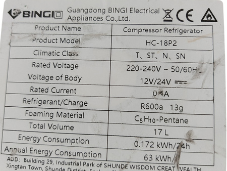 LODÓWKA TURYSTYCZNA BINGI HC-18P2 12V/24V
