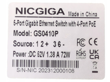 Switch Nicgiga GS0410P 5-port Gigabit 4x PoE+ 78W Plug&Play VLAN