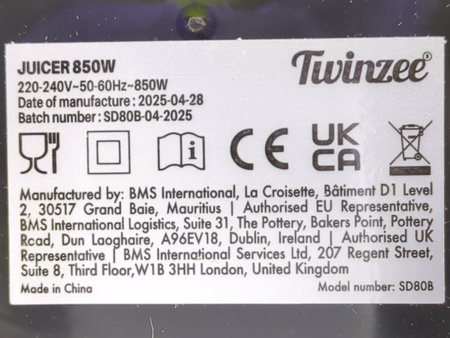 Sokowirówka Twinzee 850W 2 prędkości 75mm 1l 2l