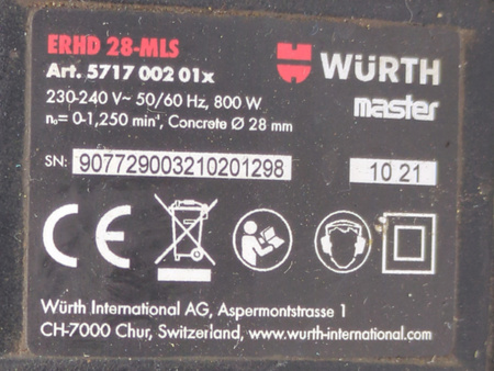 Młotowiertarka Wurth ERHD 28-MLS 800W SDS Plus 3,2 J lekka