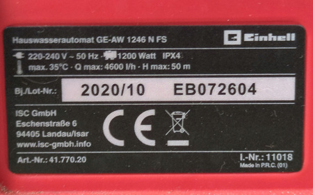 HYDROFOR Einhell GE-AW 1246 N FS, 1200 W, Prąd przemienny, 5 bar, 4600 l/h