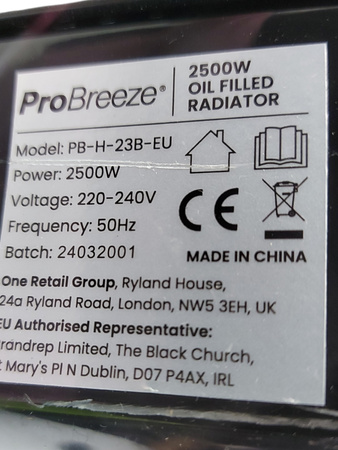 Grzejnik elektryczny olejowy Pro Breeze PB-H-23B-EU 2500 W Czarny