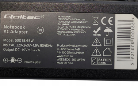 Zasilacz do laptopa Qoltec 65 W, 2.5 mm, 3.4 A, 19 V (50018.65W)