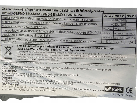 Zasilacz awaryjny UPS Lestar MD-655 625VA 375W