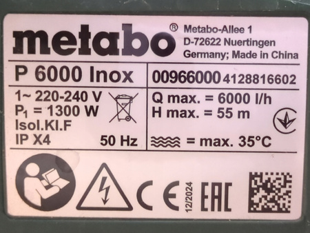 Zestaw hydroforowy METABO P 6000 Inox 1300W 6000l/h 5,5 bar 24L