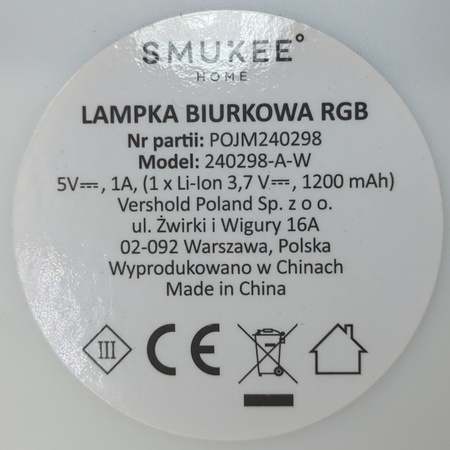 Lampka biurkowa LED Smukee 240298-A-W RGB akumulatorowa 13 W biała