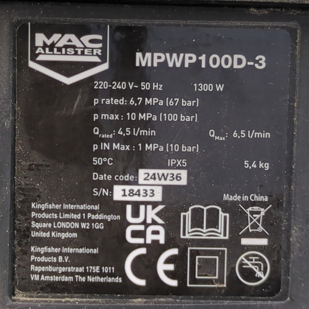 Myjka ciśnieniowa MacAllister MPWP100D-3 1300 W 100 bar 390 l/h