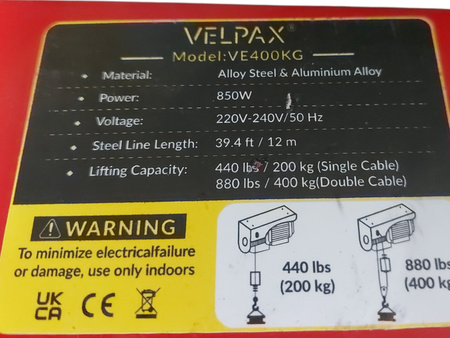 Wciągarka elektryczna linowa VELPAX VE400KG 850W 200/400 kg