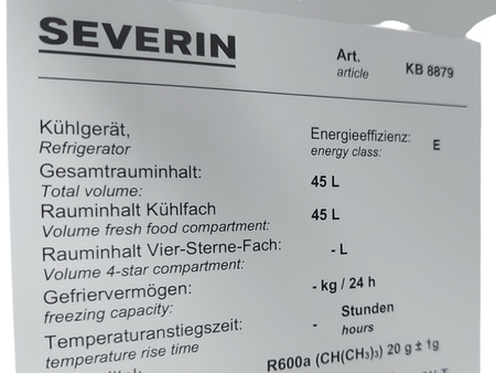 Lodówka Severin KB 8879 jednodrzwiowa 41,8 cm 45 litrów Czarna