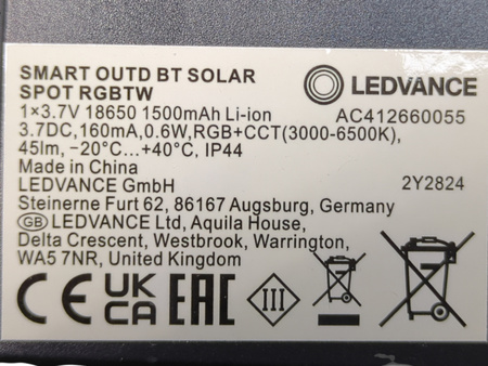 LAMPA LED SOLARNA LIGHT SPOT RGB+TUNABLE SMART LEDVANCE IP44 60lm 0,60W